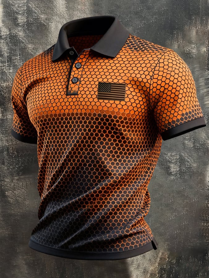 Men's Retro Patriotic Color-Block Short-Sleeve Polo Shirt