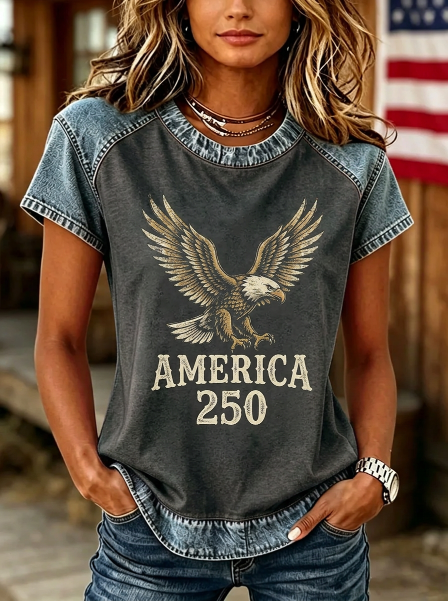 Women's Western Independence Day Eagle America 250 Printed T-shirt-4