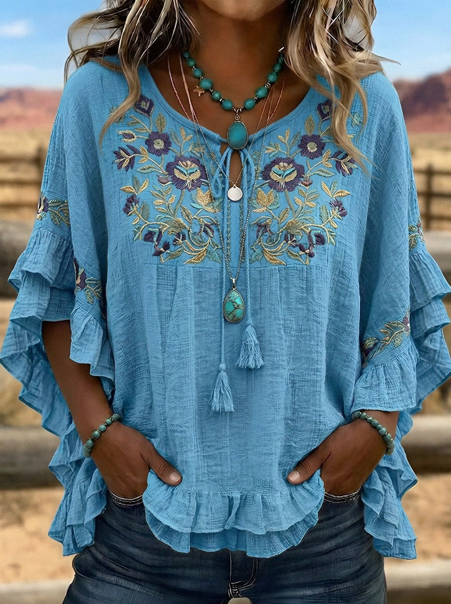 Women's Western Vintage Floral Embroidered Ruffle Sleeve Top