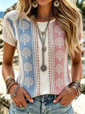 Women's Casual Retro Short-Sleeve Top with Floral Breast Cancer Awareness Print