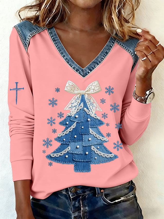 Women's Casual Denim Christmas Tree Print V Neck Sweatshirt