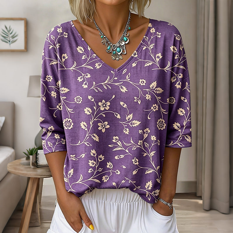 Women's Floral Art Print Flowy Linen Blend  Three-quarter Sleeve V Neck Linen Tops