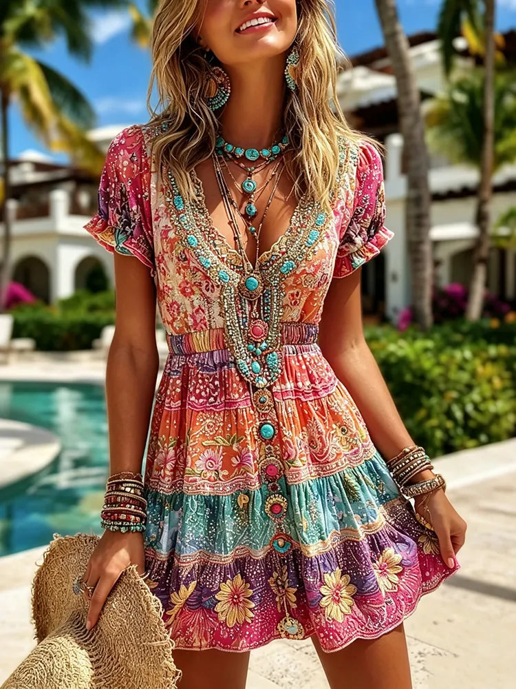 Women's Tribal Hippie Pattren Gradient Midi Dress