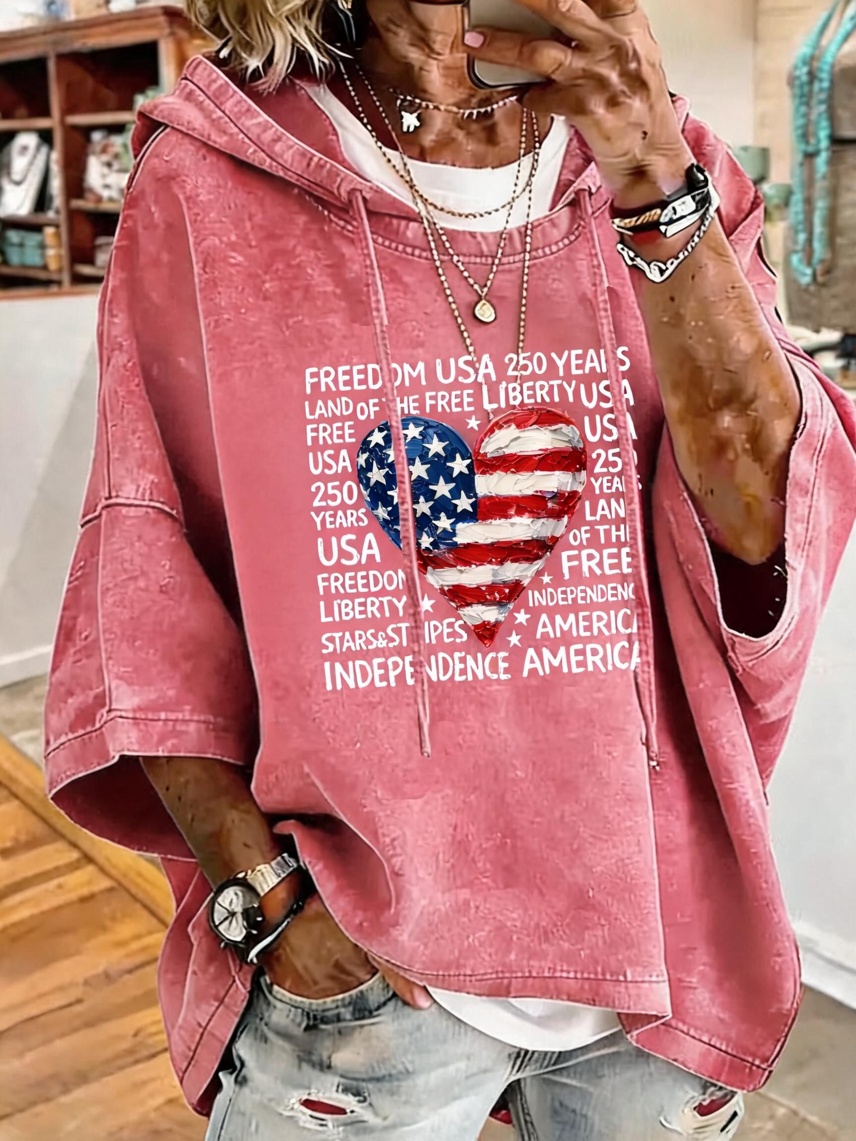 Women's Anniversary Flag Heart Print Oversized Hoodie