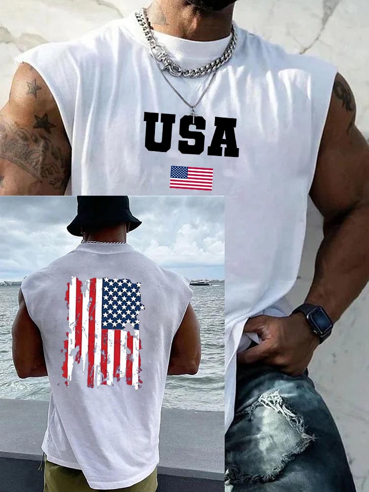 USA  America Flag Pattern Round Neck 100% Cotton Tank Top