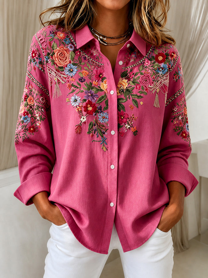 Women's Pink Plaid Print Lapel Long Sleeve Shirt