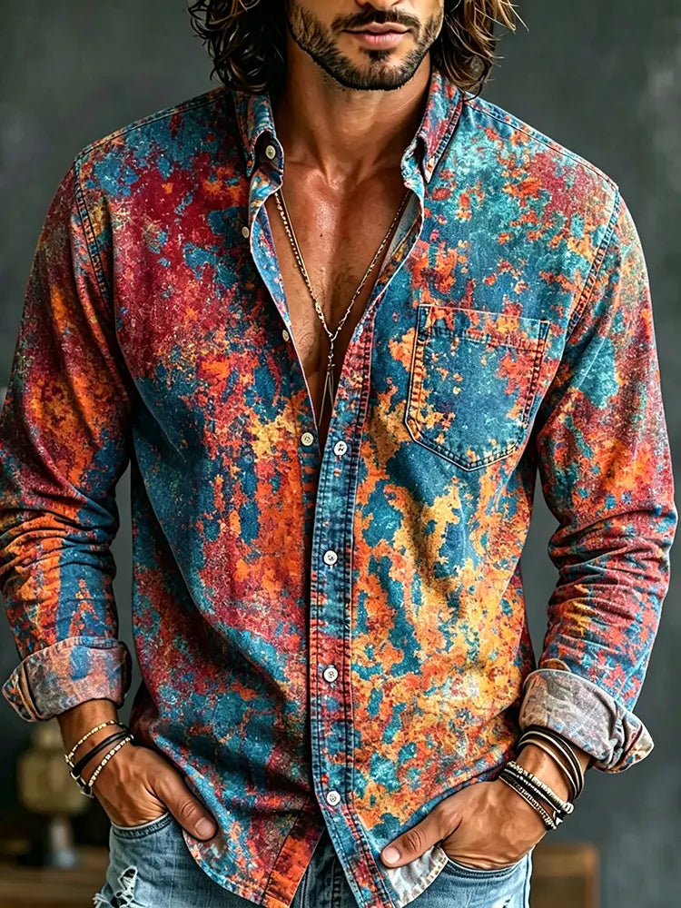 Men's Retro Tie-dye Design Cotton Linen Shirt