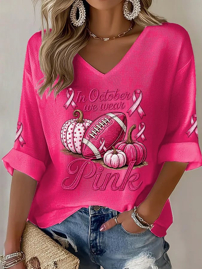 Women's Pink Pumpkin Rugby Waffle Top