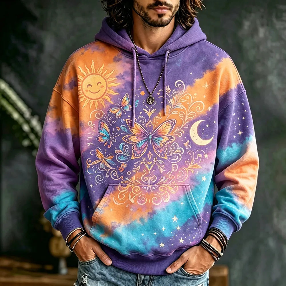Men's Celestial Sun, Moon & Butterfly Hoodie - Tie-dye Boho Graphic Pullover