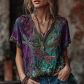 Women's Vintage Dragonfly Floral Art Linen Blend Casual V-neck T-shirt