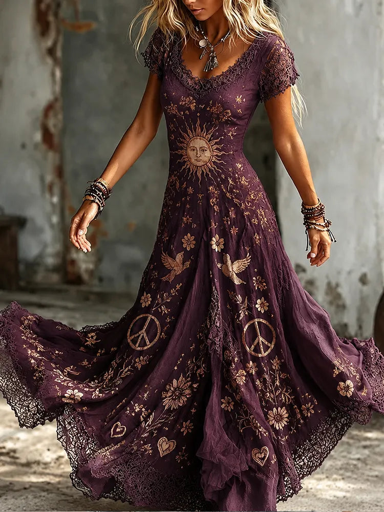 Women's Boho Vintage Purple Sun, Bird & Peace Sign Embroidered Maxi Dress
