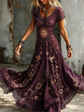 Women's Boho Vintage Purple Sun, Bird & Peace Sign Embroidered Maxi Dress