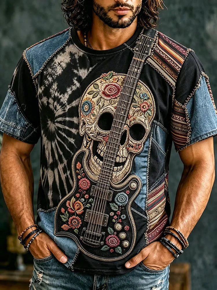 Men's Retro Hippie Flowers On The Skull With Music Patchwork Art Short Sleeve T-shirt