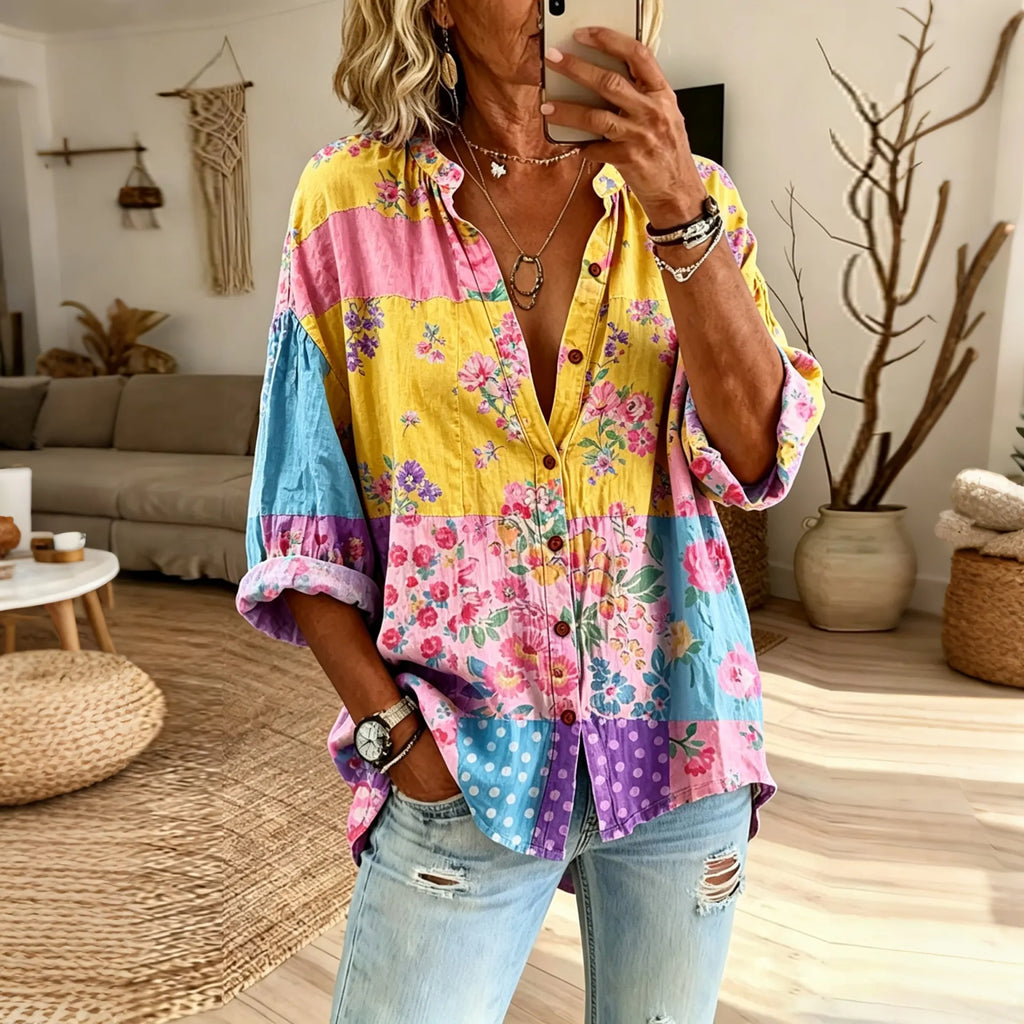 Women's Floral Hippie Vibes Art Print Flowy Linen Blend  Linen Tops