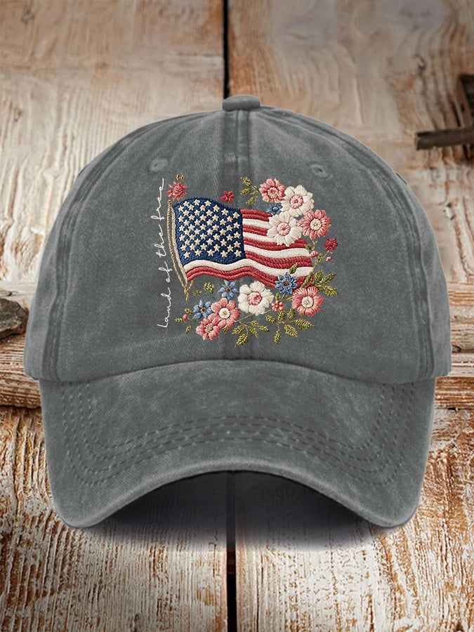 Retro Independence Day Flowers Land Of The Free Print Baseball Cap