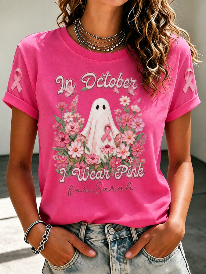 Women'S In October We Wear Pink Printed Casual T-Shirt