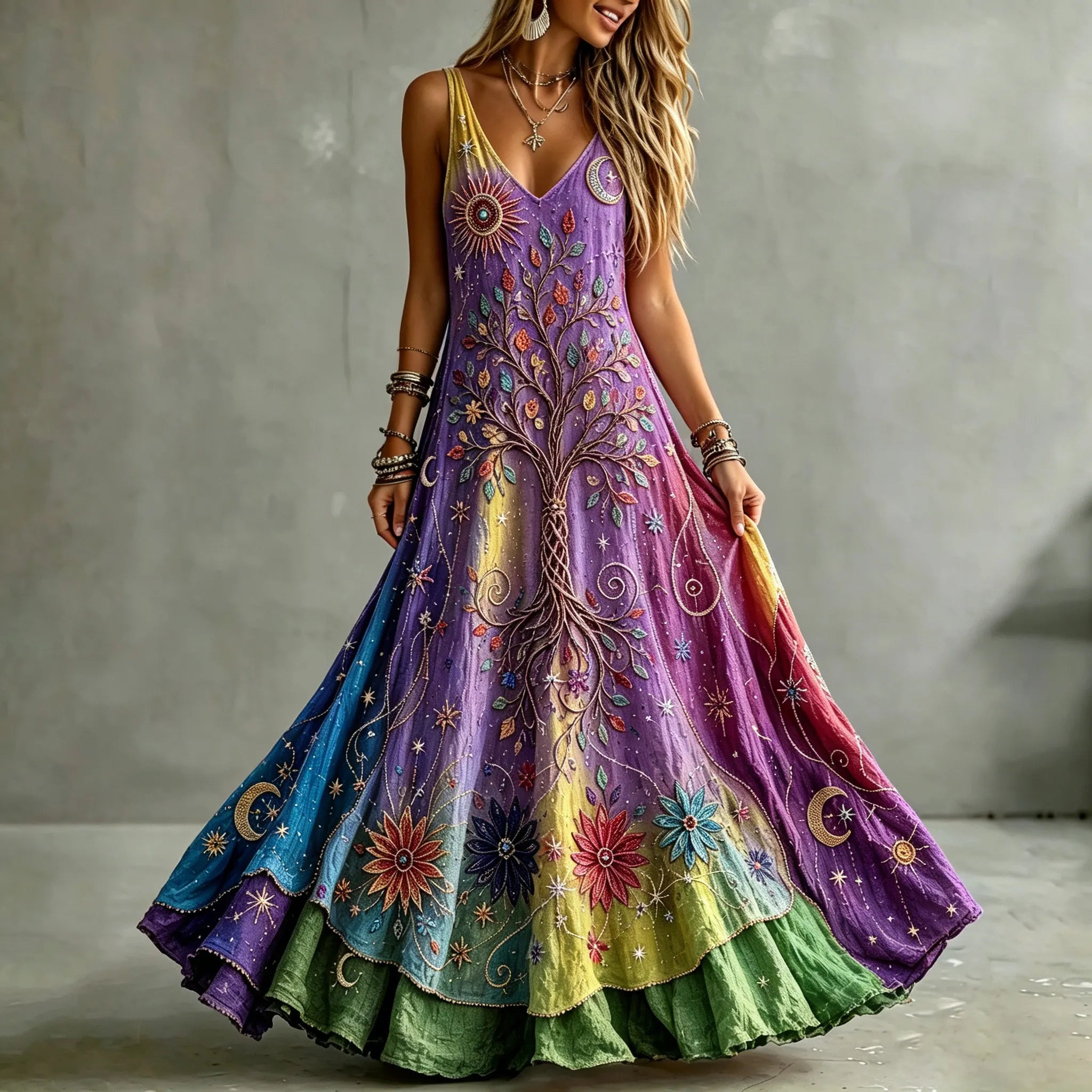 Women's Retro Sun Moon With Tree Of Life Color Gradient Art Pattern Tanks Dress