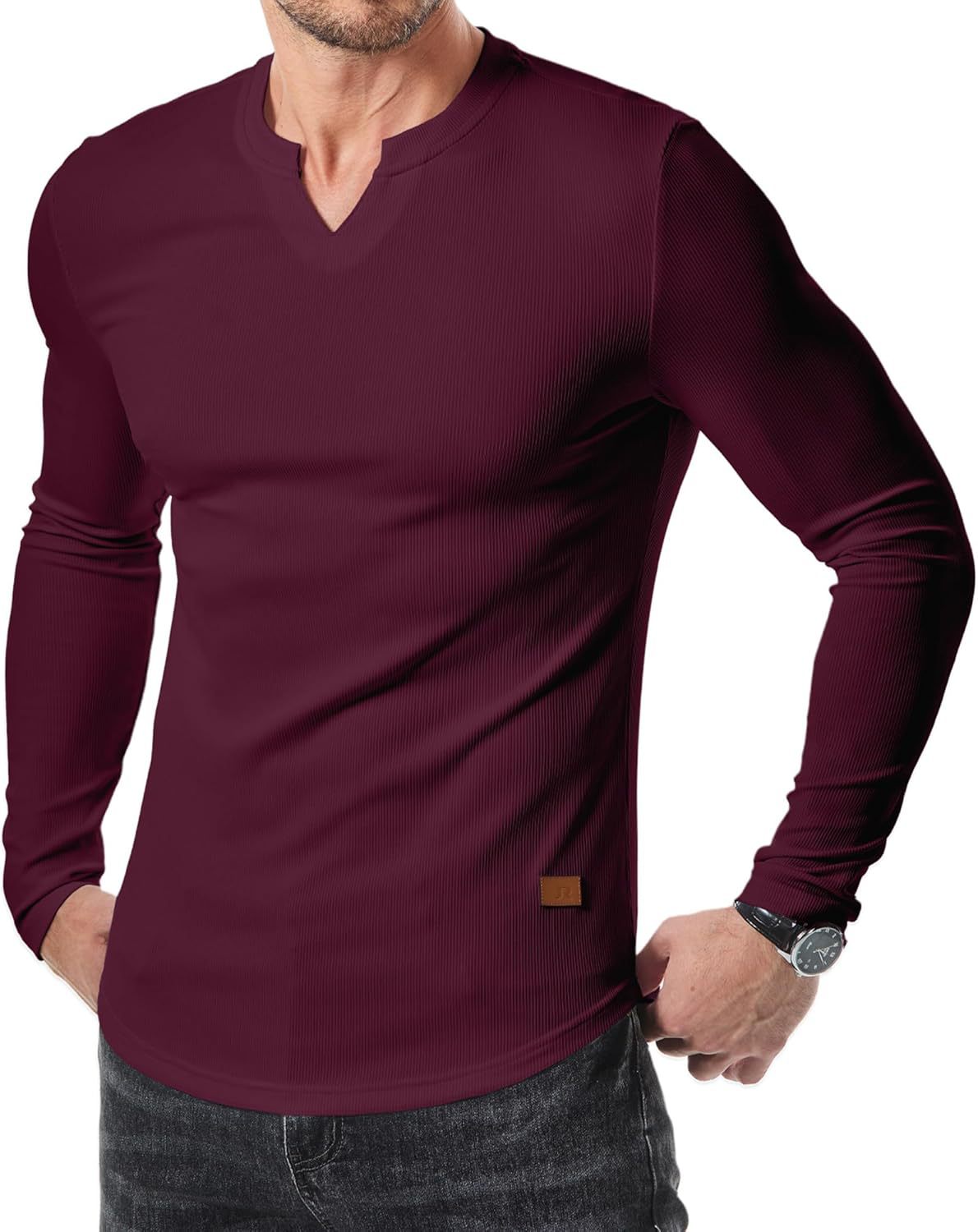 Men's Plain Casual V-Neck Long Sleeve T-Shirt