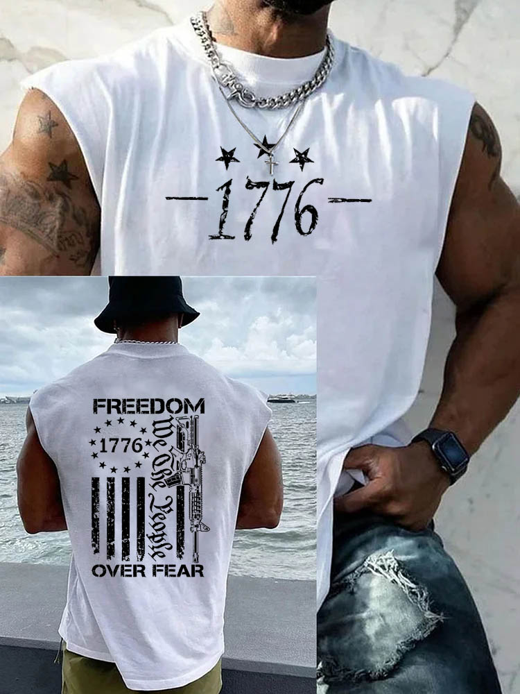 1776 Freedom Over Fear Pattern Round Neck 100% Cotton Tank Top