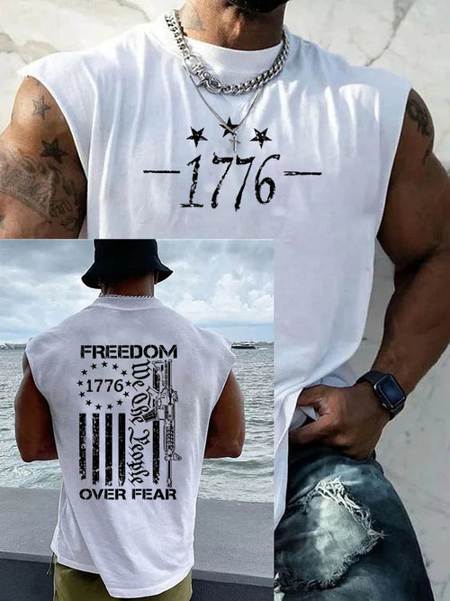 1776 Freedom Over Fear Pattern Round Neck 100% Cotton Tank Top