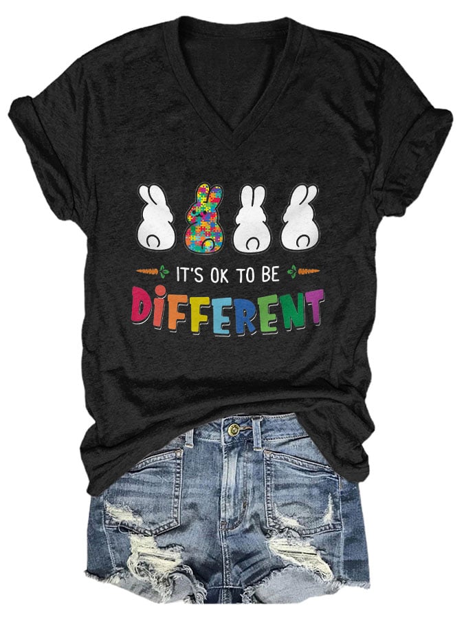 V-neck Autism Awareness Bunny It's Ok To Be Different Print T-Shirt
