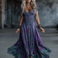 Women's Vintage Rose Art Embroidery V Neck Maxi Dress