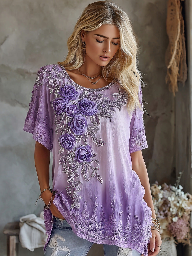 Women's Vintage Floral Art Flowy Linen Blend Casual Short Sleeve Tops