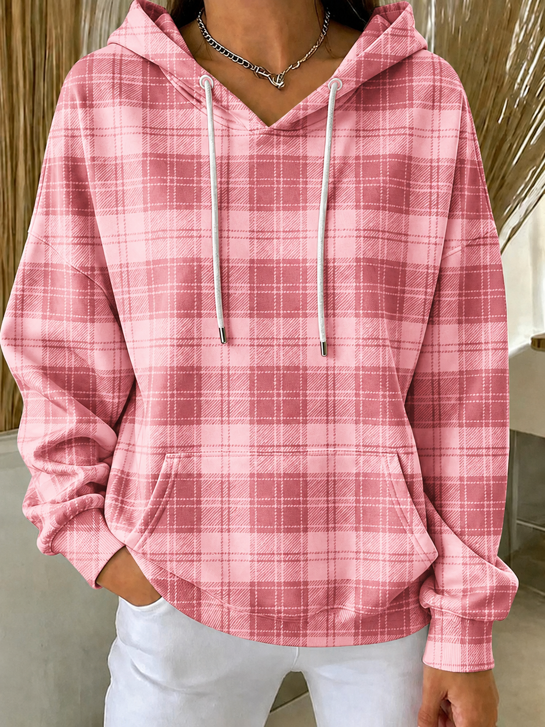 Women'S Retro Breast Cancer Awareness Plaid Art Print Long Sleeve Hoodie
