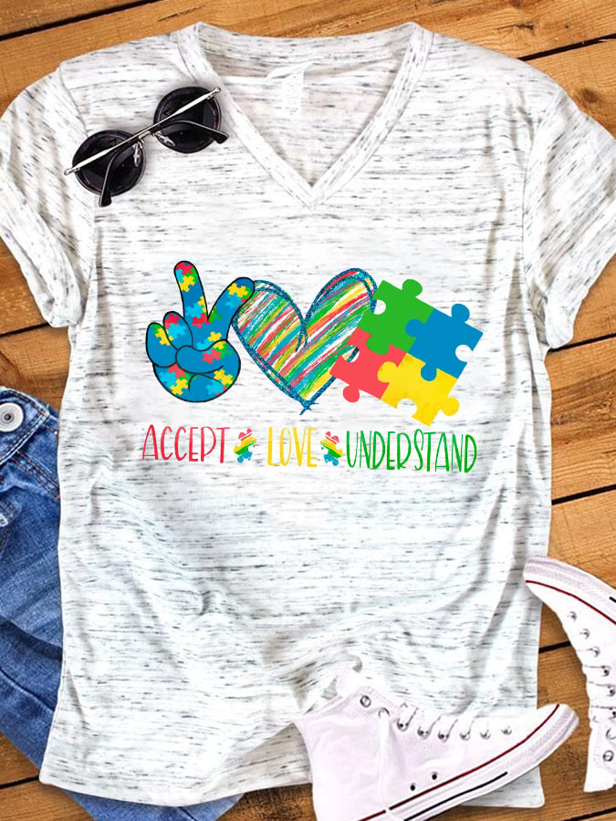 Women's Accept Love Understand Print Autism Awareness T-Shirt