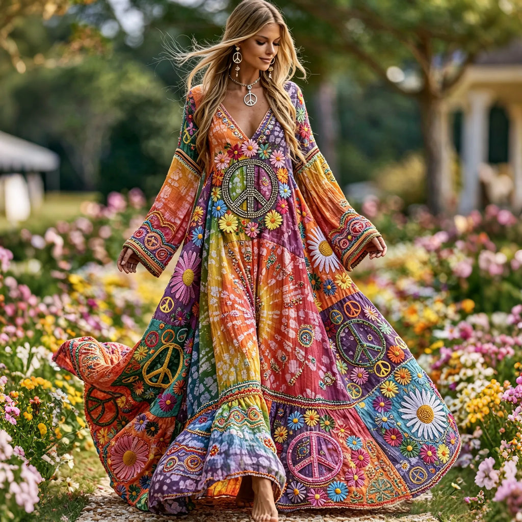 Women's Retro Floral And Peace Gradient Pattern Flowy Linen Blend Casual Long-sleeved Dress