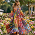 Women's Retro Floral And Peace Gradient Pattern Flowy Linen Blend Casual Long-sleeved Dress