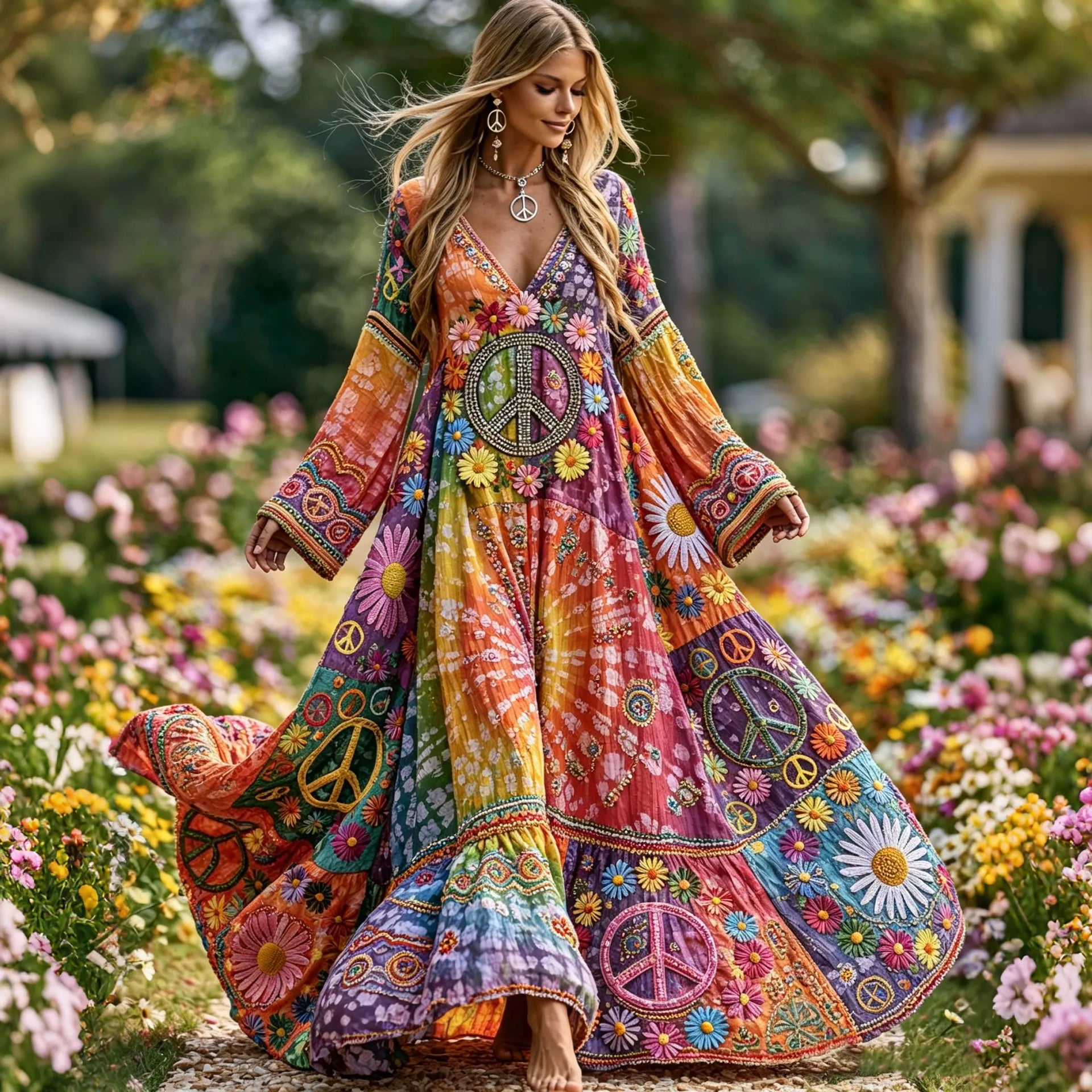 Women's Retro Floral And Peace Gradient Pattern Flowy Linen Blend Casual Long-sleeved Dress