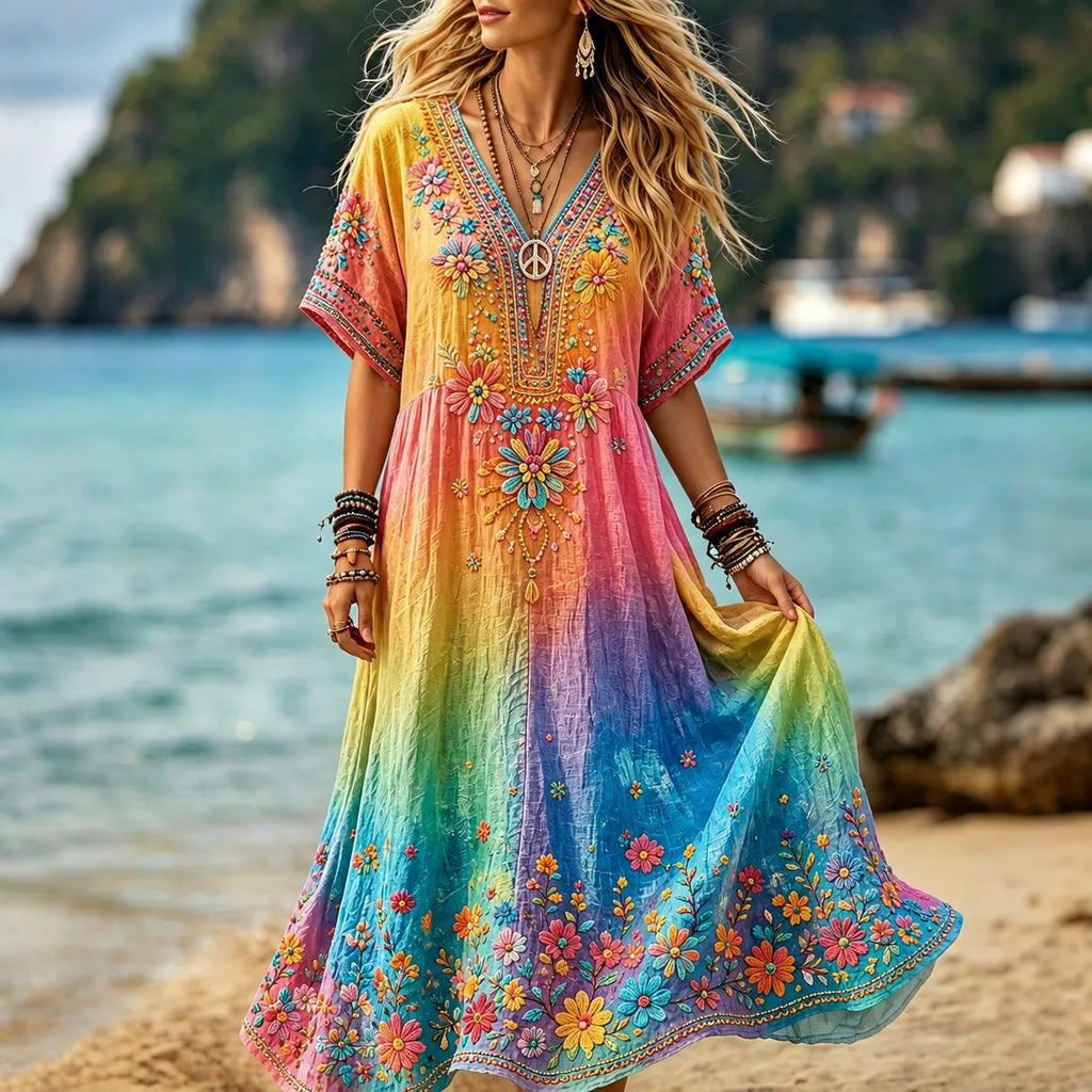 Women's Retro Hippie Floral Art Flowy V Neck Short Sleeve Maxi Dress