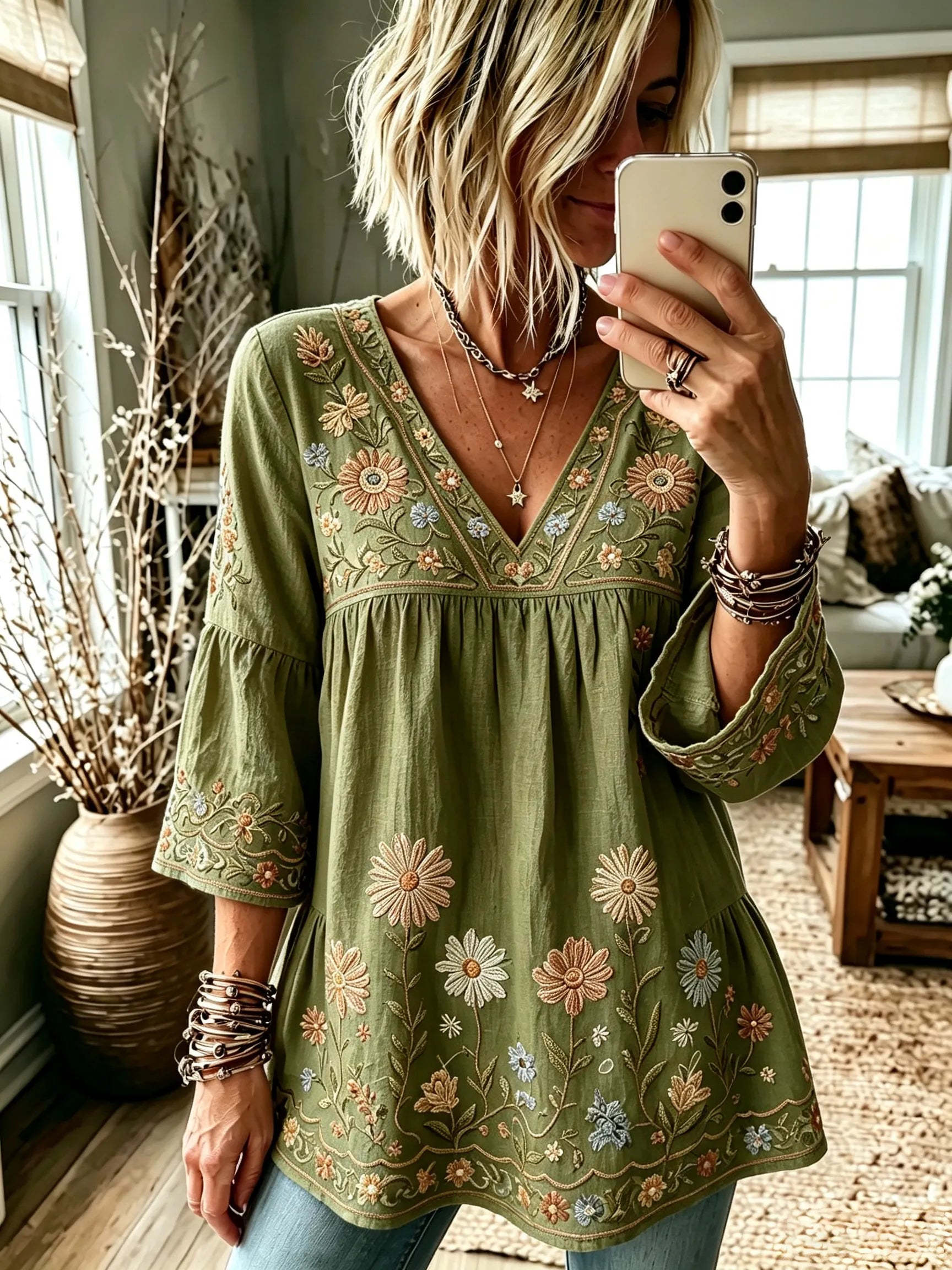 Women's Retro Hippie Floral And Dragonfly Art Flowy Linen Blend Three Quarter Sleeves T-shirt