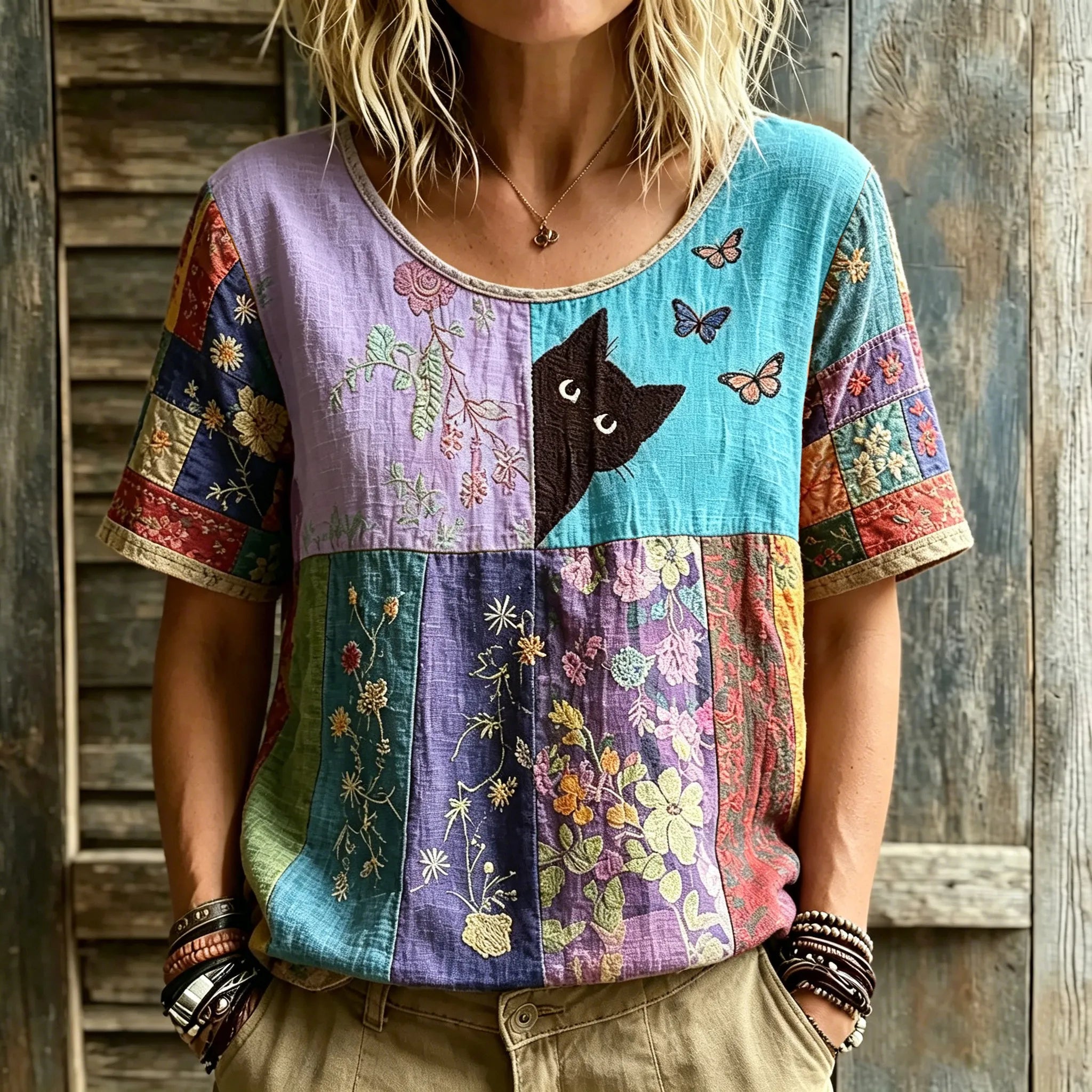 Women's Hippie Black Cat Art Embroidered Linen Blend Round Neck Tshirt