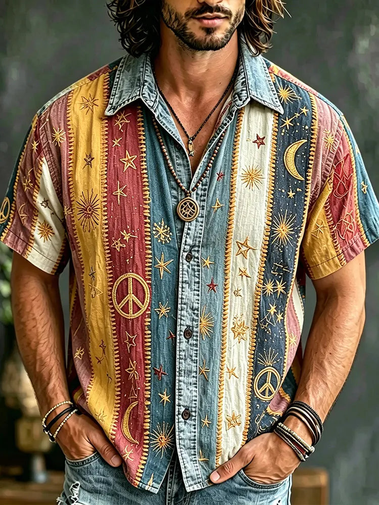 Vintage Hippie Stripe Patchwork Linen Shirt, 3d Embroidery Star & Crescent Casual Summer Short Sleeve Top