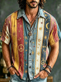 Vintage Hippie Stripe Patchwork Linen Shirt, 3d Embroidery Star & Crescent Casual Summer Short Sleeve Top