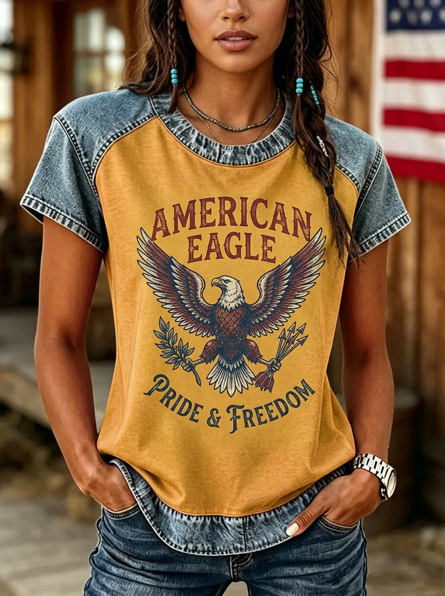 Women's Western Independence Day American Eagle Printed T-shirt-2