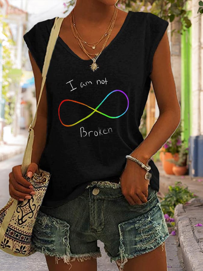 V Neck Autism Awareness I Am Not Broken Print Tank Tops