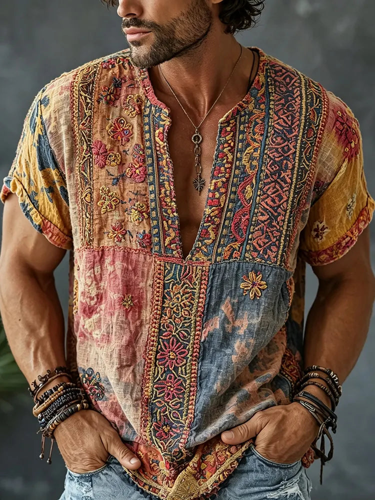 Men's Retro Floral  Patchwork Embroidered Art Print Flowy Linen Blend Casual Shirts