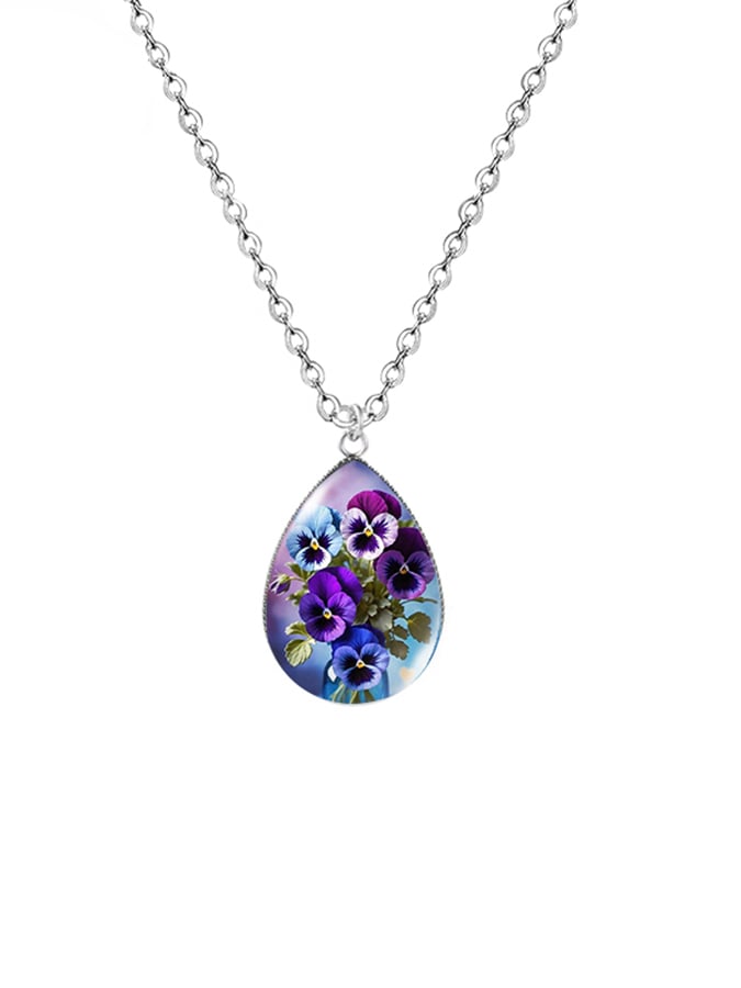 Purple Drop-Shaped Pansy Flower Design Necklace