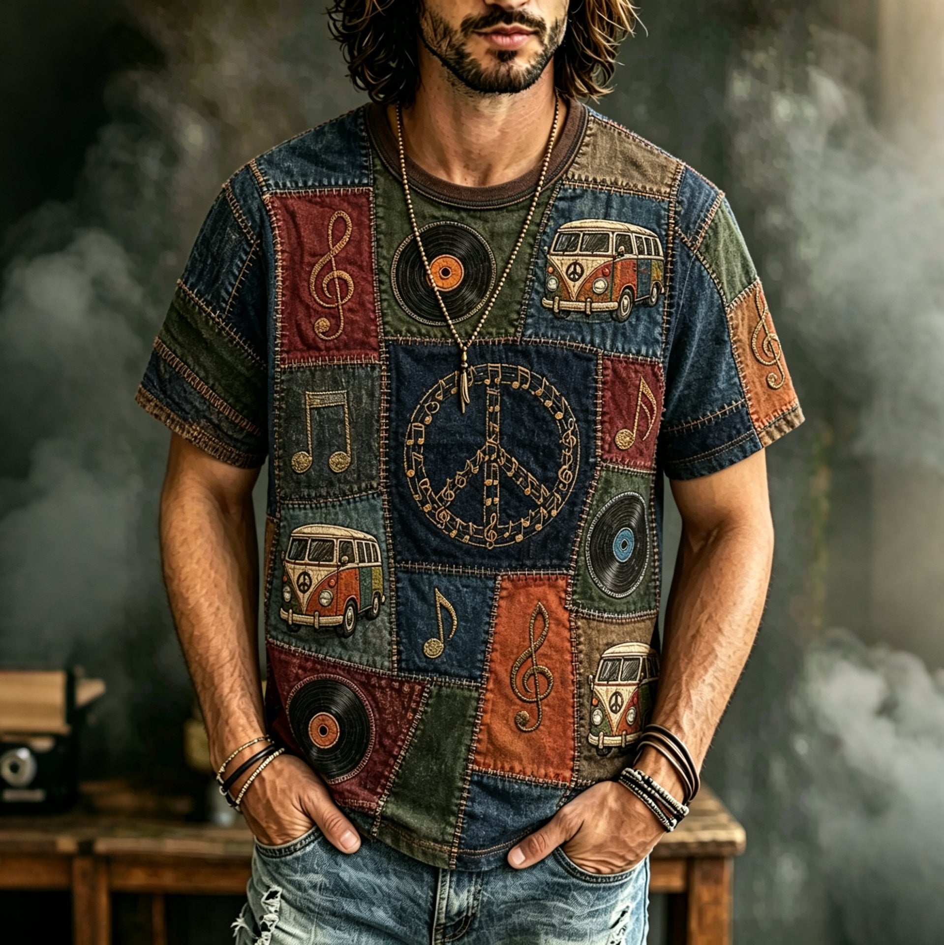 Men's Hippie Peace Symbol Car Vinyl Record Art Print T-shirt