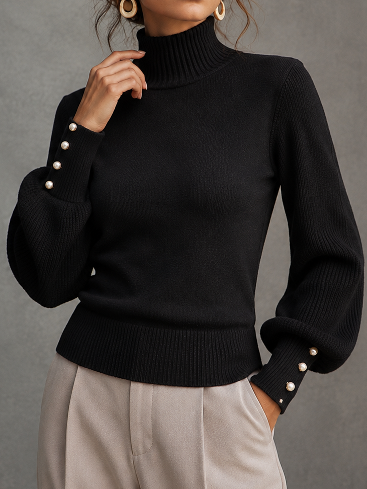 Elegant Solid Color Turtleneck Beaded Sweater
