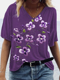 Women's Alzheimer's Awareness Purple Floral Print V Neck T-Shirt