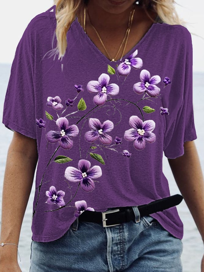 Women's Alzheimer's Awareness Purple Floral Print V Neck T-Shirt