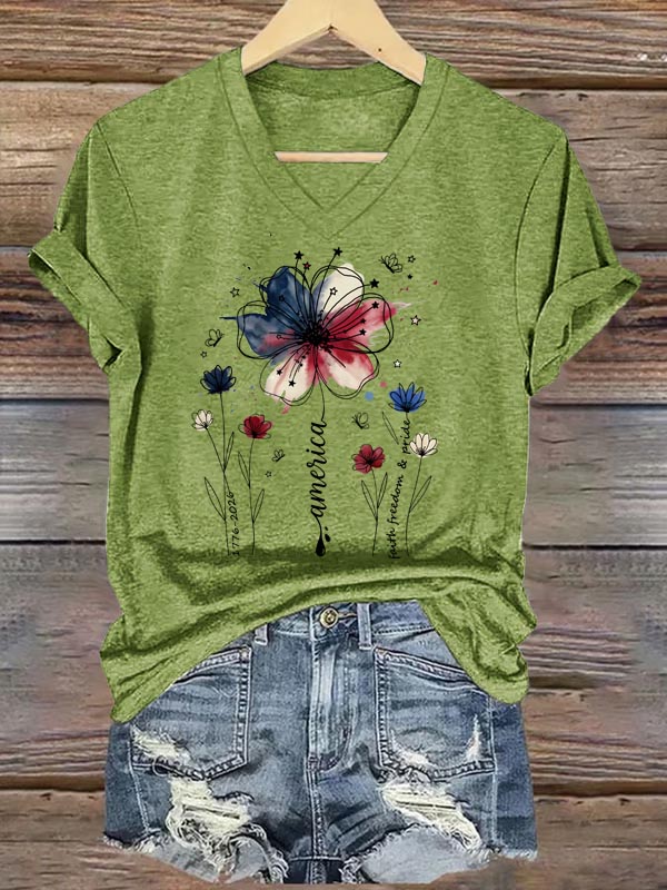 America1776-2026 Faith Freedom Pride Pattern Print V Neck Casual T-Shirt