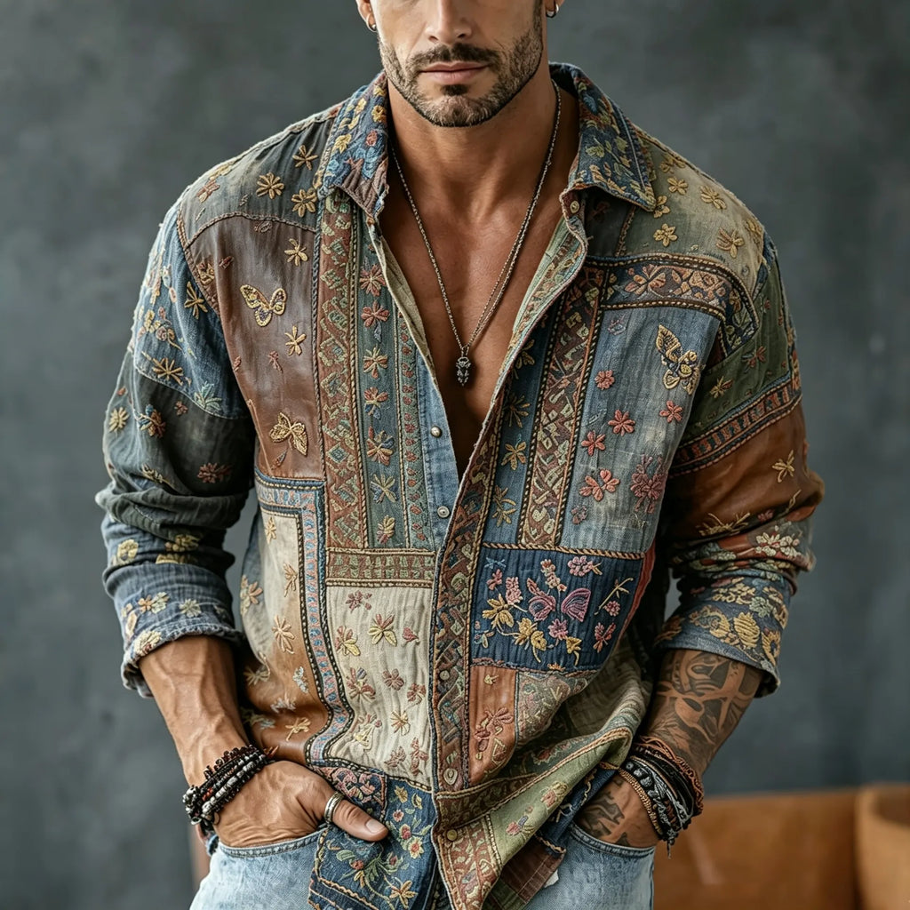 Men's Vintage Floral  Patchwork Embroidered Art Print Flowy Linen Blend Casual Shirt