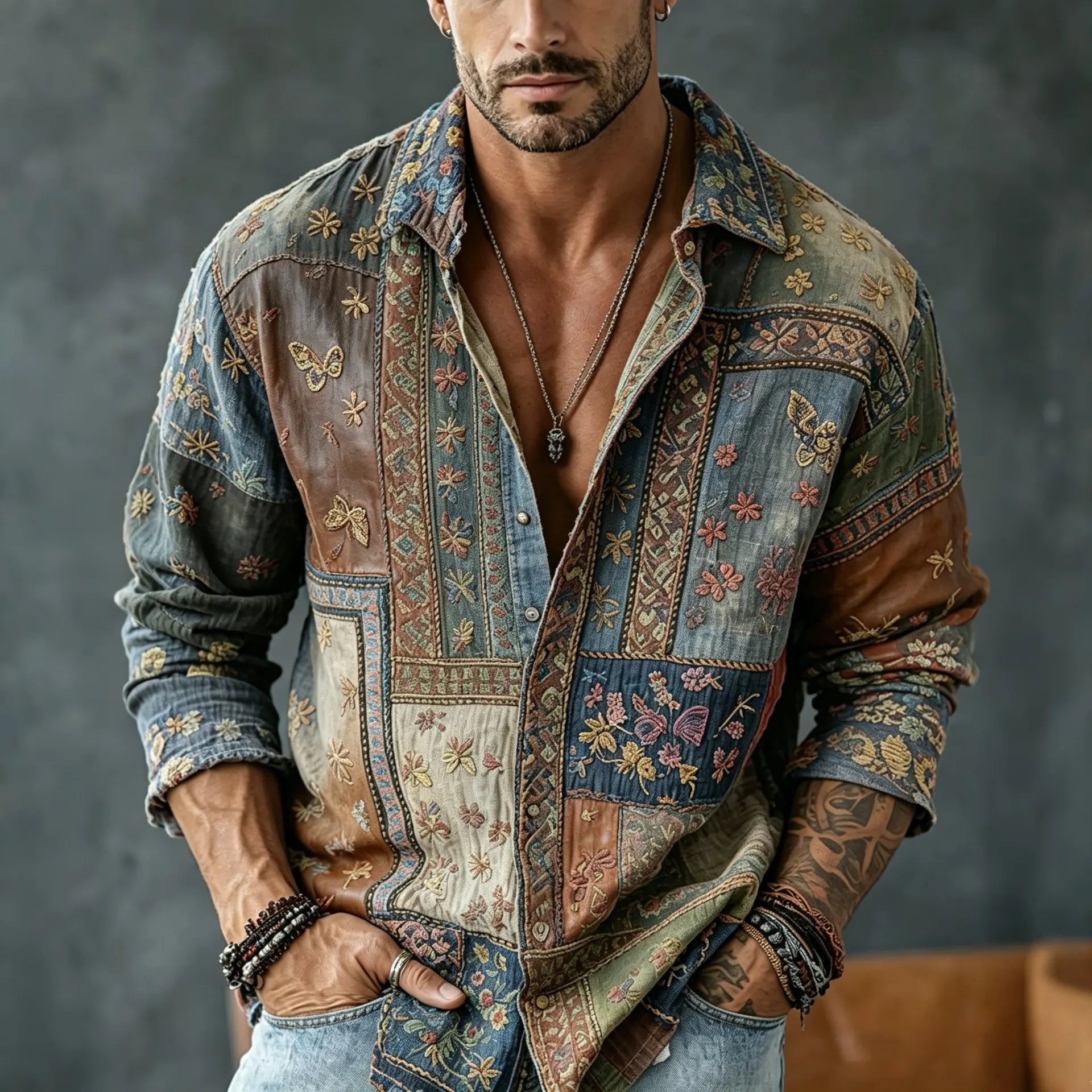 Men's Vintage Floral  Patchwork Embroidered Art Print Flowy Linen Blend Casual Shirt