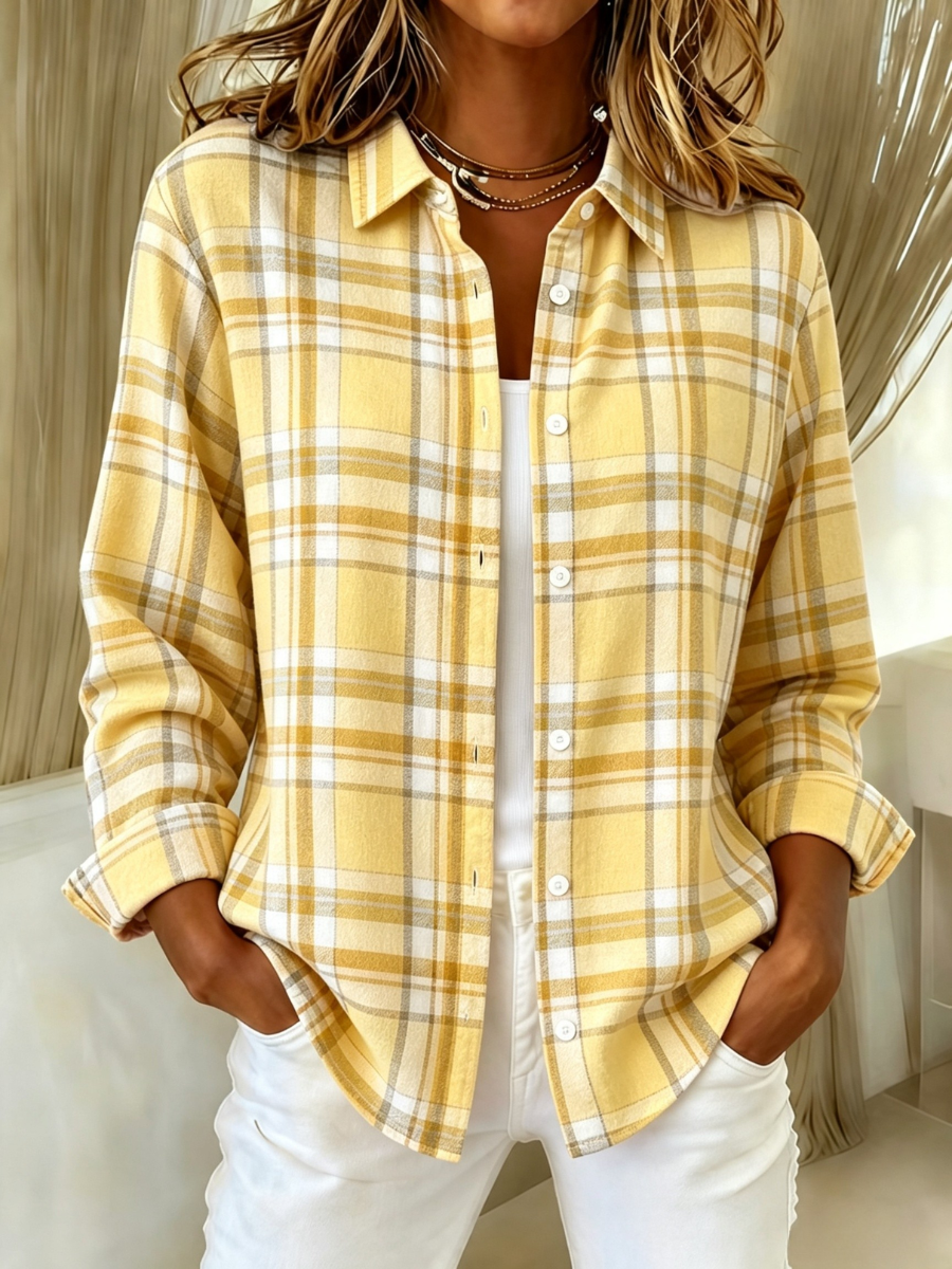 Women's Pink Plaid Print Lapel Long Sleeve Shirt