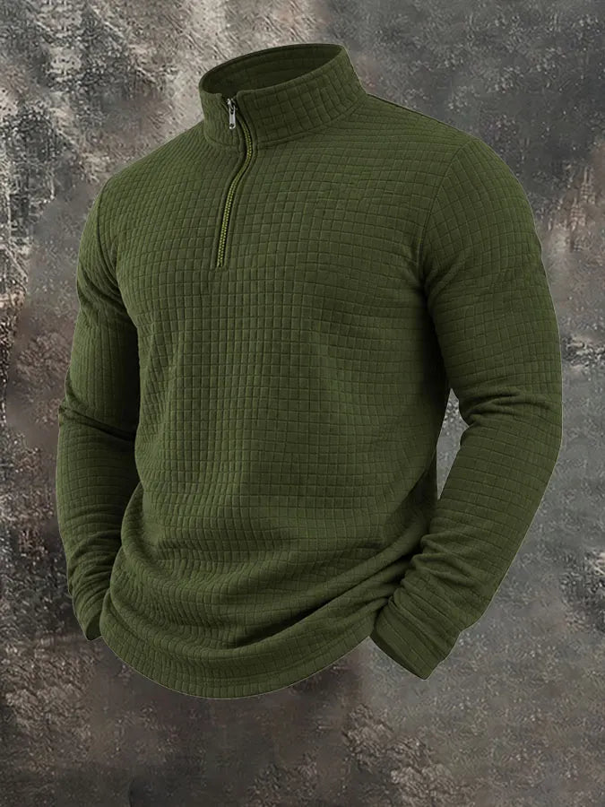 Men's American Retro Autumn And Winter Half-Zip Small Plaid Casual Stand-Up Collar Long-Sleeved Sweatshirt